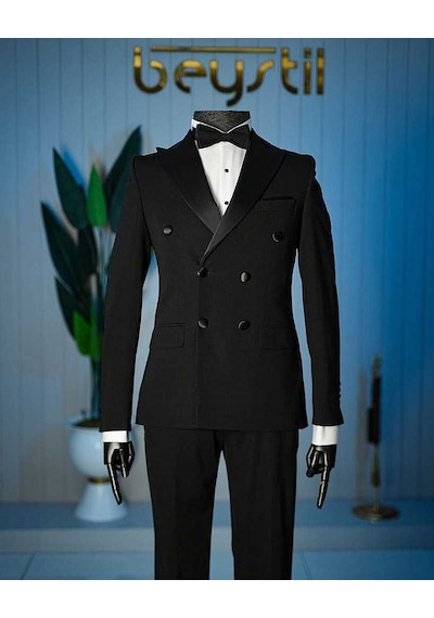 Bys Beystil Erkek Siyah Saten Yakalı Kruvaze Damatlık Ve Smokin Takım - Slim Fit