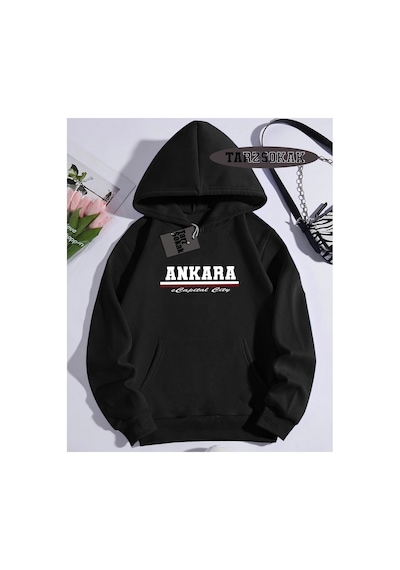 Tarzsokak Kapşonlu Sweatshirt Siyah Ankara Capital City Özel Tasarım Plaka Detaylı