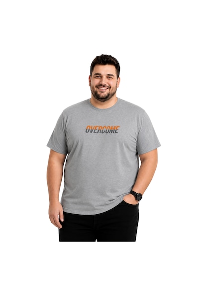 Battalmoda Erkek Büyük Beden Melanj Gri Bisiklet Yaka Kısa Kollu Overcome Tişört 3xl-4xl-5xl-6xl