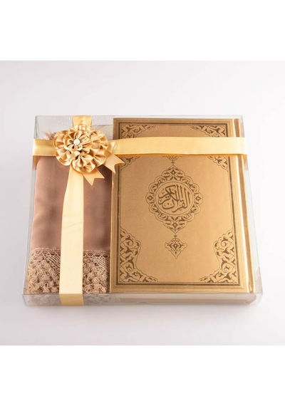 Şal + Tesbih + Kuran Hediye Seti Hafız Boy, Standart Cilt, Gold
