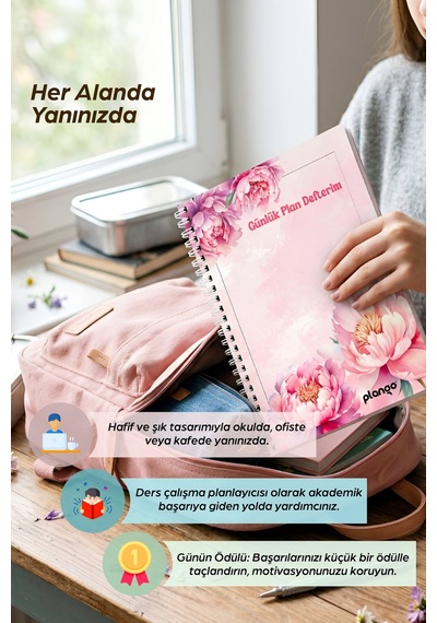 Pembe Çiçekler Spiralli Günlük Planlama Defteri - 100 Sayfa - 17x24 Planlayıcı Defter Beyaz - Bej
