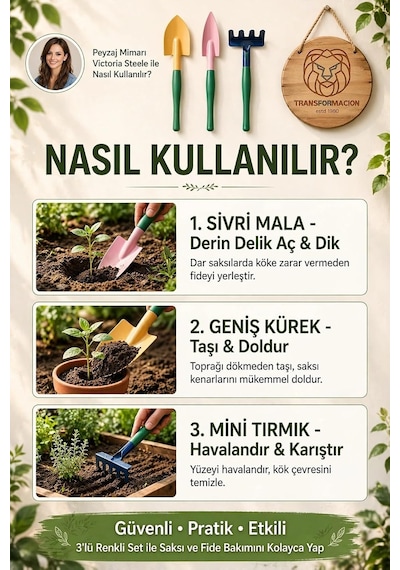 Premium 3'lü Hobi Bahçe Seti Renkli Metal El Küreği Ve Tırmık Takımı 723604