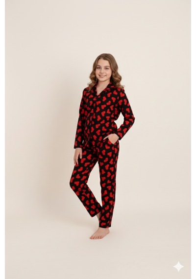 Beka Kids Desenli Uzun Kollu Önden Düğmeli Gömlek Yaka Kız Çocuk Pijama Takımı Siyah