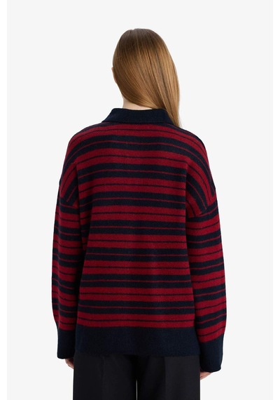 Defacto Loose Fit Polo Yaka Çizgili Triko Kazak Tunik G7240ax25cwnv207 Lacivert-nv207