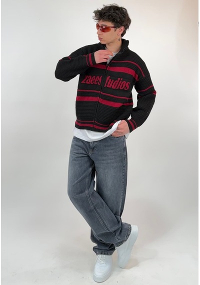 Zaee Studio Stripe Knit Crop Boy Triko Ceket Bordo