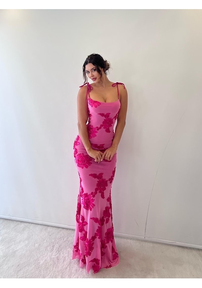 Pink Life Pembe Ayarlanabilir Askılı Çiçekli Astarlı Maksi Pembe