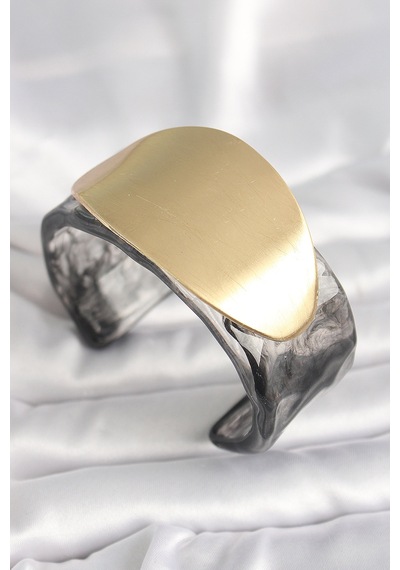 Siyah Mermer Desen Akrilik Plastik Gold Oval Plaka Model Vintage Kadın Bilezik Altın