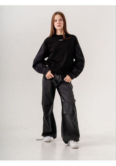 Kız Çocuk Mevsimlik Denim Kol 3 İplik Sweatshirt-14774 Siyah Kız Çocuk Mevsimlik Denim Kol 3 İplik Sweatshirt-14774 Siyah