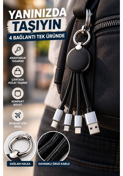4 Başlıklı Anahtarlık Şarj Kablosu Usb Type-c Lightning Micro Usb Çoklu Şarj Kablosu