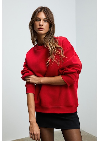 Grımelange KARIUS Kadın Organik Pamuklu İçi Polarlı Oversize Yuvarlak Yakalı Kırmızı Sweatshirt