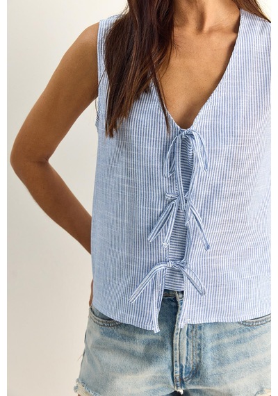 Shade Kadın %100 Pamuk Kalın Askılı Önden Bağlama Detaylı Çizgili Peplum Bluz 60282045 - Beyaz-lacivert Çok Renkli