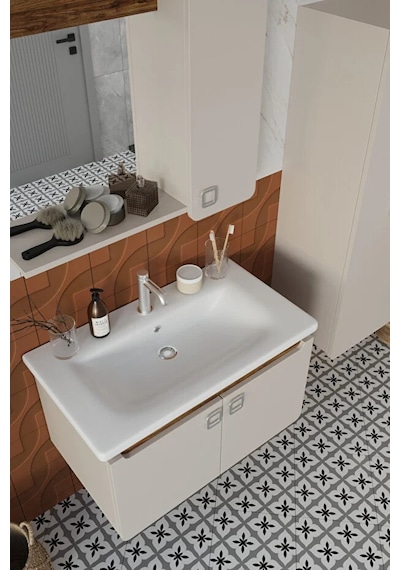 Selvi 80 Cm %100 Mdf Lavabolu Banyo Dolabı Aynalı Dolaplı Üst Dolap Lavabo Boy Dolabı Krem