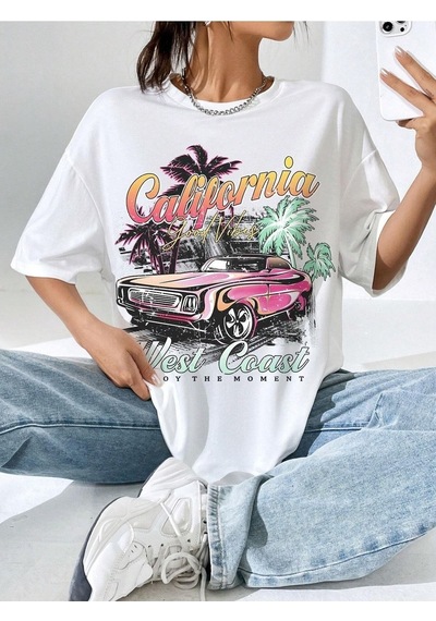 Flood Of Style Kadın Beyaz California Car Baskılı Oversize