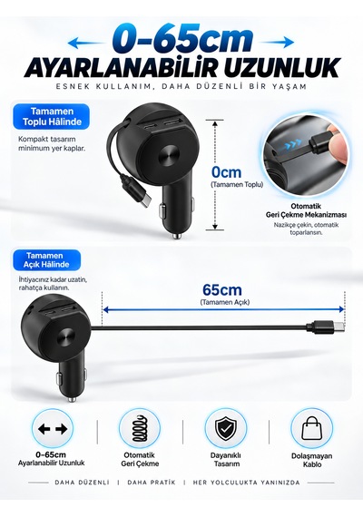 60w 3.4a Hızlı Araç Şarj Cihazı 3'ü 1 Arada Geri Çekilebilir 65cm Kablolu Type-c Usb Çakmaklık Şarj Adaptörü Siyah