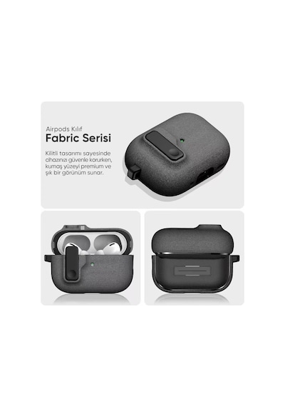 Airpods Pro 3 İle Uyumlu Fabric Serisi Özel Kilitli Tasarım Ve Kumaş Yüzeyli Kılıf Darbelere Karşı Koruyucu Kapak Gri, Airpods Pro 3 2025