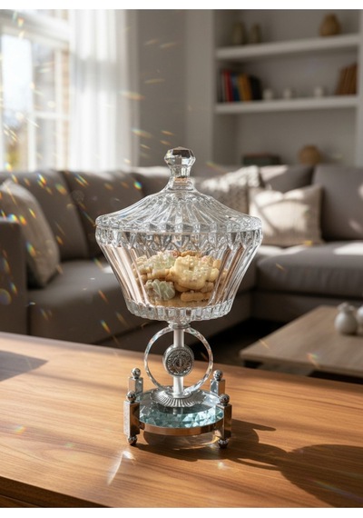 Alfafe Home Ultra Lüks Kristal Kapaklı Salata Kasesi Şekerlik Gümüş Detaylı Büyük Kristal Kase Gümüş