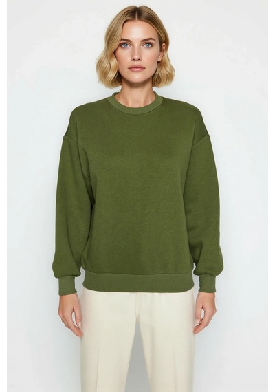 Benerly Kadın Bisiklet Yaka Düşük Kol Regular Kalıp Örme Sweatshirt Fonks Haki
