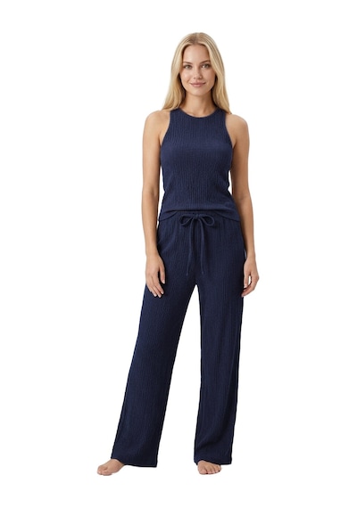 Cottonill Premium - Tide Collection Lacivert Bağcıklı Bürümcük Dokulu Bol Paça Kadın Pantolon