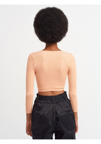 Dilvin 3529 Havuz Yaka Uzun Kollu Crop Top-şeftali-243 Şeftali