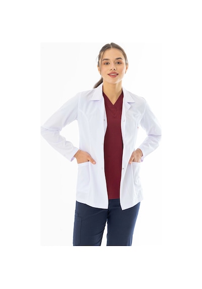 Spor Yaka Kulplu Kadın Doktor Önlüğü Alpaka Kumaş Ceket Boy Bko005 Beyaz