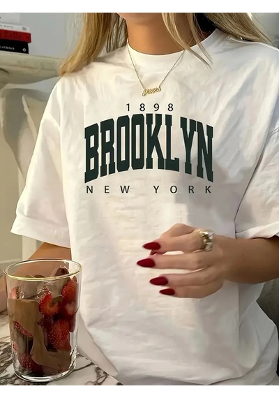 Wear Vexel Kadın Tişört Bisiklet Yaka Brooklyn Baskılı Kısa Kollu T-shirt - Beyaz Beyaz