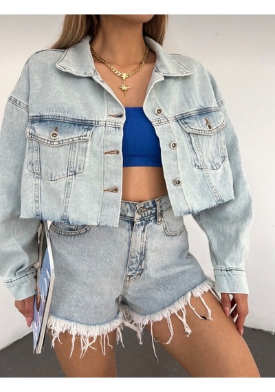 Kadın Mavi Oversize Crop Kot Ceket - Altı Kesik Dikişsiz Tasarım Çift Cepli Buz Mavi