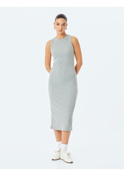 Koton Bisiklet Yaka Kolsuz Slim Fit Midi Kalem Elbise Gri 5sak80006ek Gri