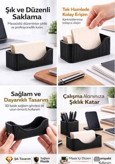 Şık Siyah Kartvizitlik 3d Baskı Masaüstü Kartvizit Tutucu Organizer Ofis & Masa Düzenleyici