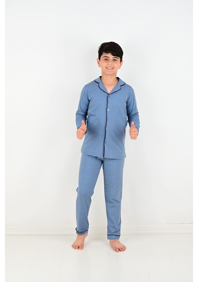 Vitmo Erkek Çocuk Uzun Kollu Pamuklu Düğmeli Pijama Takımı Mini Kare İndigo Vitmo Erkek Çocuk Uzun Kollu Pamuklu Düğmeli Pijama Takımı Mini Kare İndigo