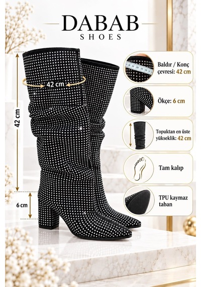 Dabab Shoes Vessa Kadın Gümüş Taş Detaylı Siyah Sivri Burun Körüklü Uzun Konç 6 Cm Kalın Topuklu Çizme Dabab Shoes Vessa Kadın Gümüş Taş Detaylı Siyah Sivri Burun Körüklü Uzun Konç 6 Cm Kalın Topuklu Çizme