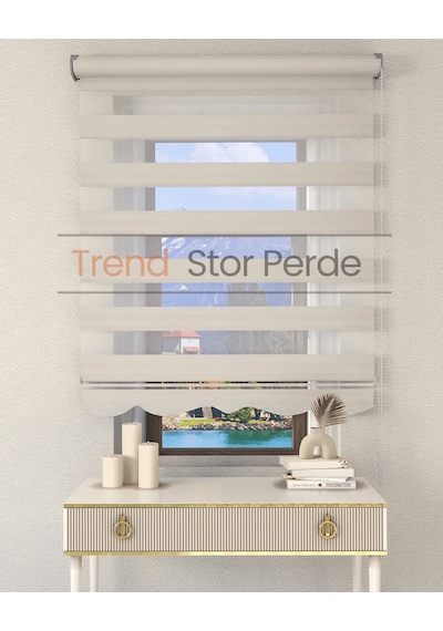 Geniş Plise Beyaz Etek Dilimli Zebra Stor Güneşlik Perde Kırık Ekru