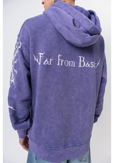 Respire Erkek Far From Basic Baskılı Yıkamalı Kapüşonlu Oversize Hoodie Mor
