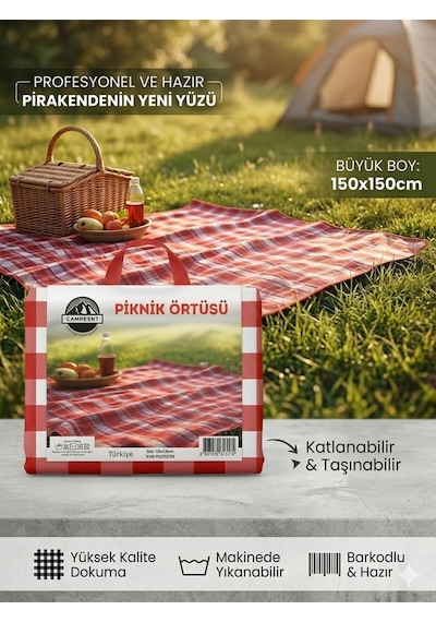 Kendinden Çantalı Katlanabilir Çok Amaçlı Piknik Örtüsü Kamp Matı Su Geçirmez 150 150cm Piknik Seti Kırmızı