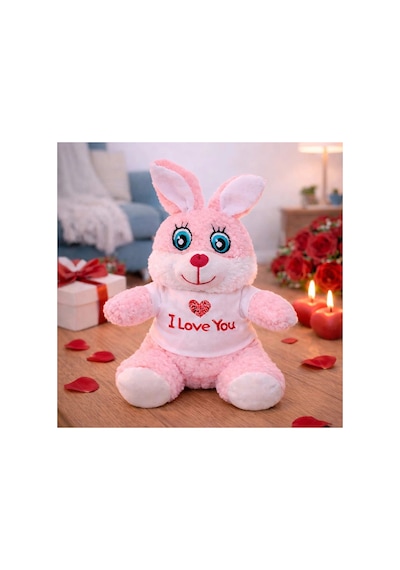 I Love You Tişörtlü Sevimli Pembe Peluş Tavşan Çok Renkli