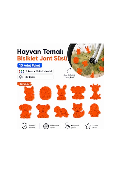 Hayvan Temalı Bisiklet Jant Süsü 20 Parça 2 Renk 10 Farklı Model Mor-turuncu