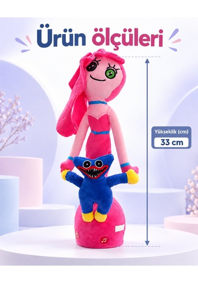Misan Oyuncak Pembe Peluş Bebek 33 Cm Mavi Canavar Figürlü, Düğme Gözlü Tasarım