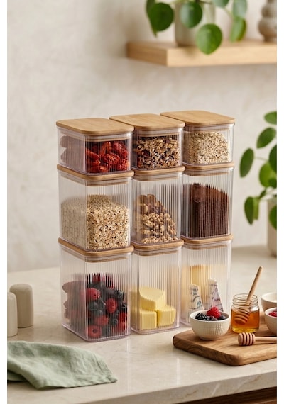 9'lu Etiketli Ahşap Kapaklı Vakumlu Dikdörtgen Kavanoz Seti 3x2,7lt-3x1,6lt-3x900ml Kahverengi