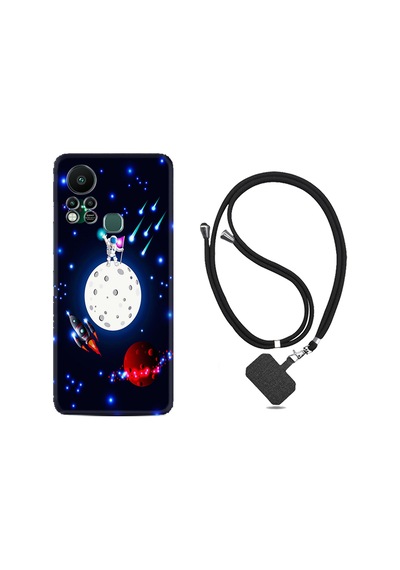 Infinix Hot 11S Kılıf İpli Boyun Askılı Desenli Silikon Ay ve Astronot 1694