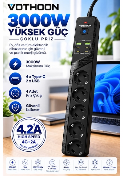 4'lü Akım Korumalı Çoklu Priz 4 Type-c 2 Usb Girişli 4.2a Hızlı Şarj Destekli Priz 3000w 2 M