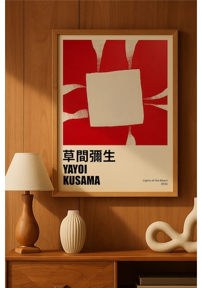 Yayoi Kusama Doğal Ahşap Çerçeveli Poster, Dekoratif Sanatsal Duvar Tablosu