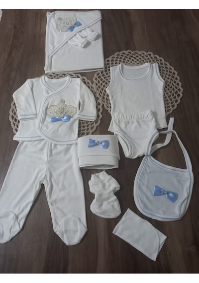 Petite Ponponbaby 10 Lu Hastaane Çıkışı Seti Kraliçe Taçlı İncili Beyaz - Mavi