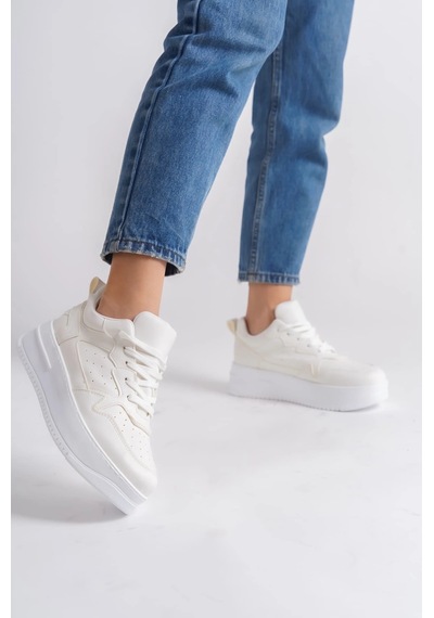 Mevese Avela Kalın Taban Bağcıklı Günlük Kadın Sneaker Beyaz Detaylı Kırık Beyaz