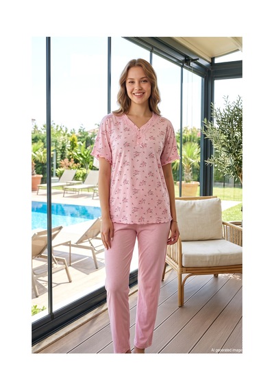 Remsa Kadın Yaka Kısmı Dantel Detay Kısa Kollu Penye Pijama Takımı 05 Pembe