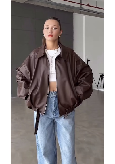 Prifaldi Pb Oversize Bomber Deri Ceket Kahverengı