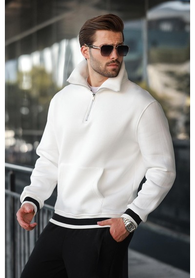 Madmext Ekru Fermuarlı Dik Yaka Kanguru Cep Erkek Sweatshirt E7159 Ekru