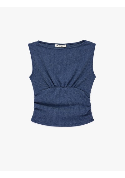 Koton Büzgülü Kayık Yaka Slim Fit Bürümcük Kolsuz Bluz Mavi 6sal30170ık