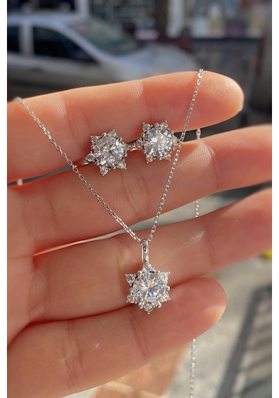Gümüş Lotus Çiçeği Kolye Küpe Set Takım 22s122 Altın - Gümüş
