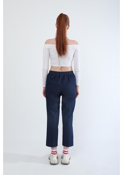 Kadın Beli Lastikli Likralı Yan Cepli Jean Pantolon Lacivert Lacivert