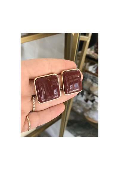 Kare Gold Detaylı Bordo Küpe