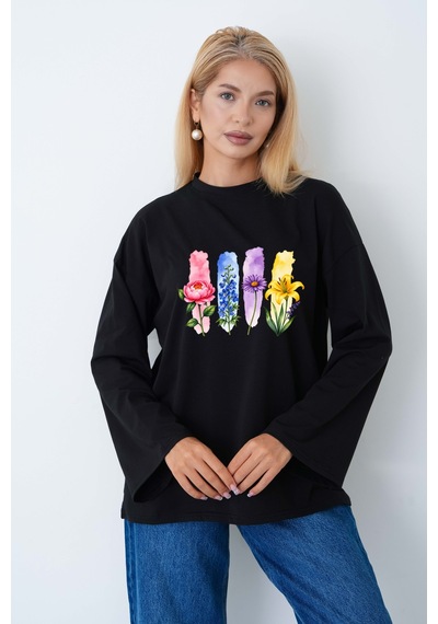 Herkesemoda Renkli Çiçekler Baskılı Tesettüre Uygun Oversize Body Siyah